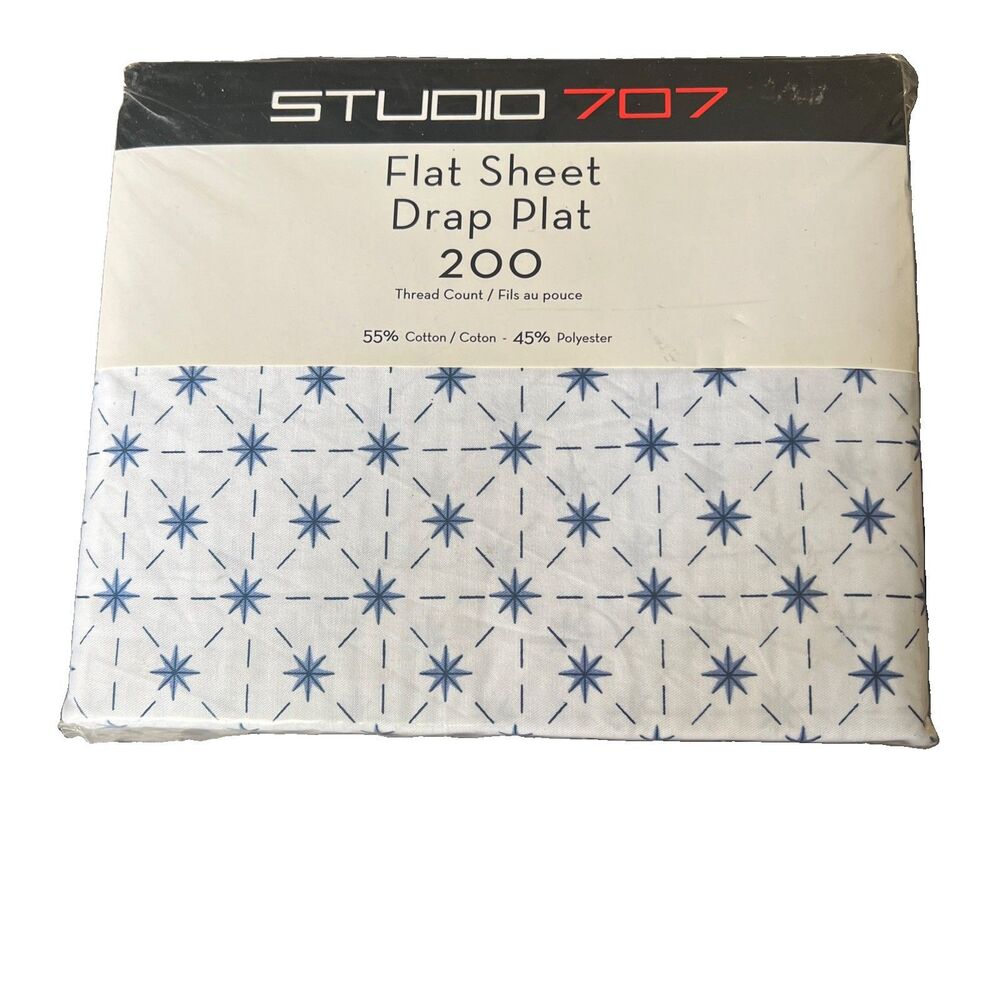 Vintage Studio 707 Twin Flat Sheet White Blue Atomic Pattern 200 Thread Ct New